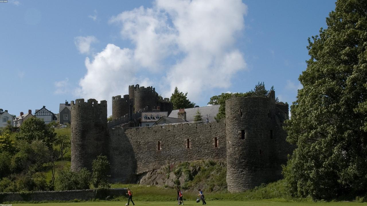 Detail of Conwy Suspension Bridge chains and castellated towers