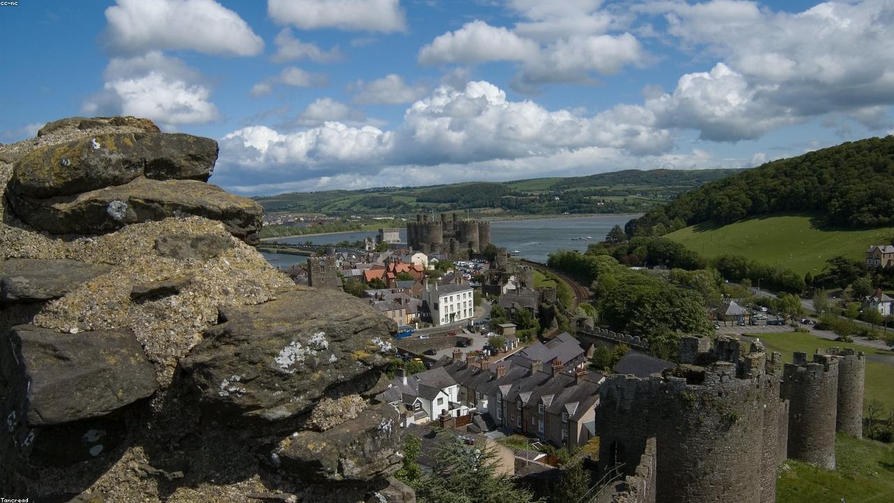 Conwy Suspension Bridge (1826) by Thomas Telford with Conwy Castle towers behind