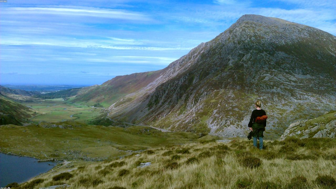 Llyn Idwal glacial lake with Devil's Kitchen cleft above and Glyderau cliffs