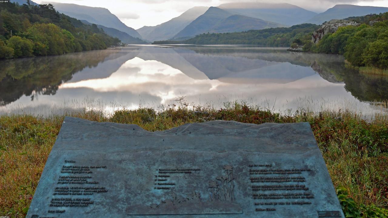 Llyn Padarn lake with Snowdon reflected in the water at Llanberis