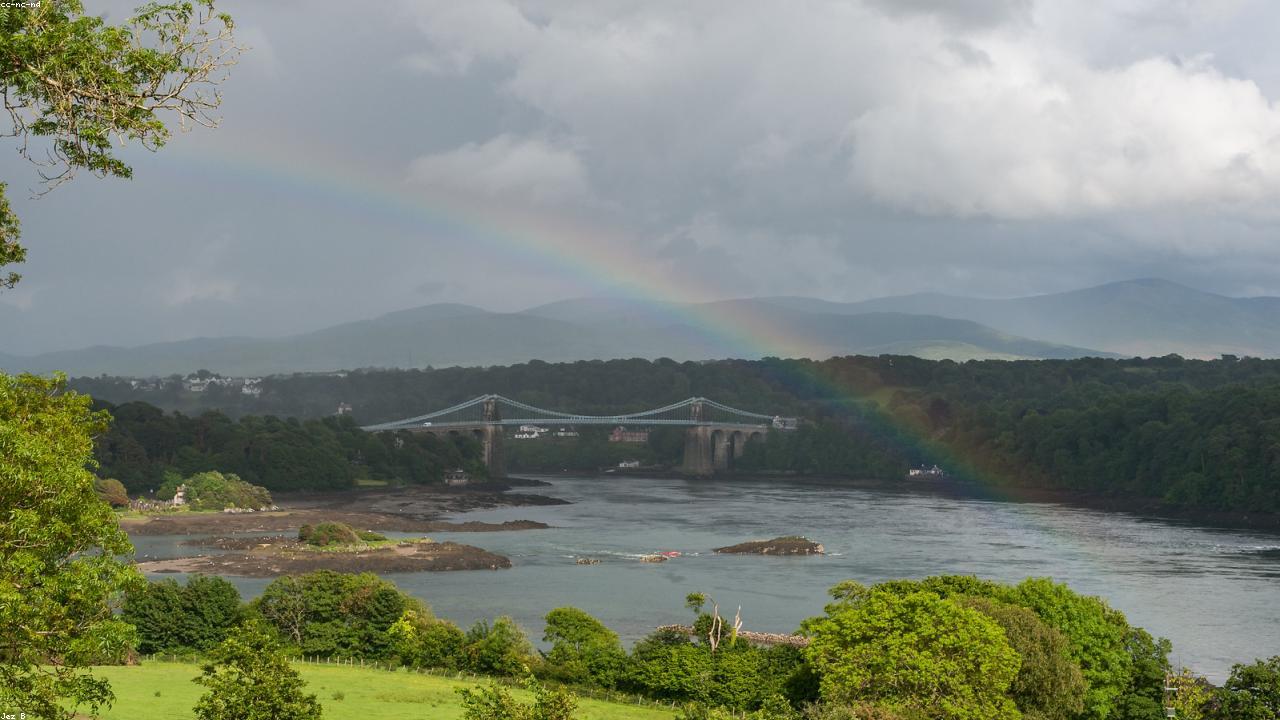 Menai Suspension Bridge spanning the Menai Strait with Anglesey beyond, Thomas Telford 1826