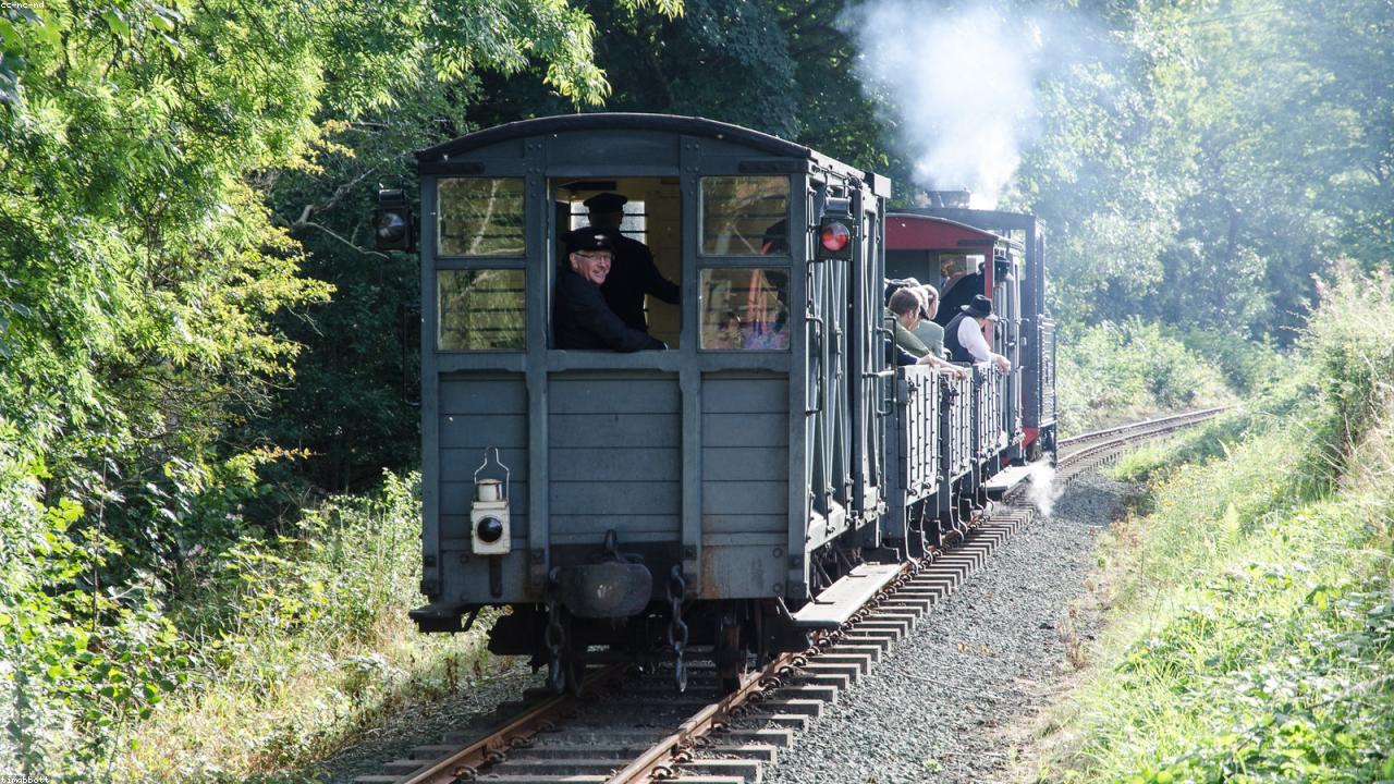 Welshpool and Llanfair Light Railway steam locomotive crossing a valley in the Powys hills